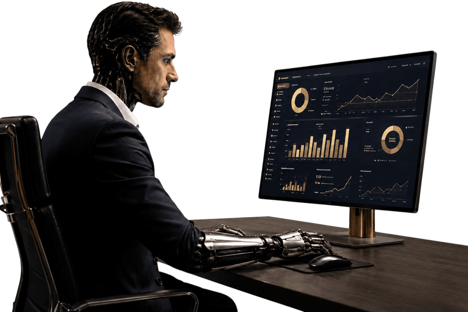 A Private Deal Desk operator at the console: half person, half machine, reviewing the department's live analytics.