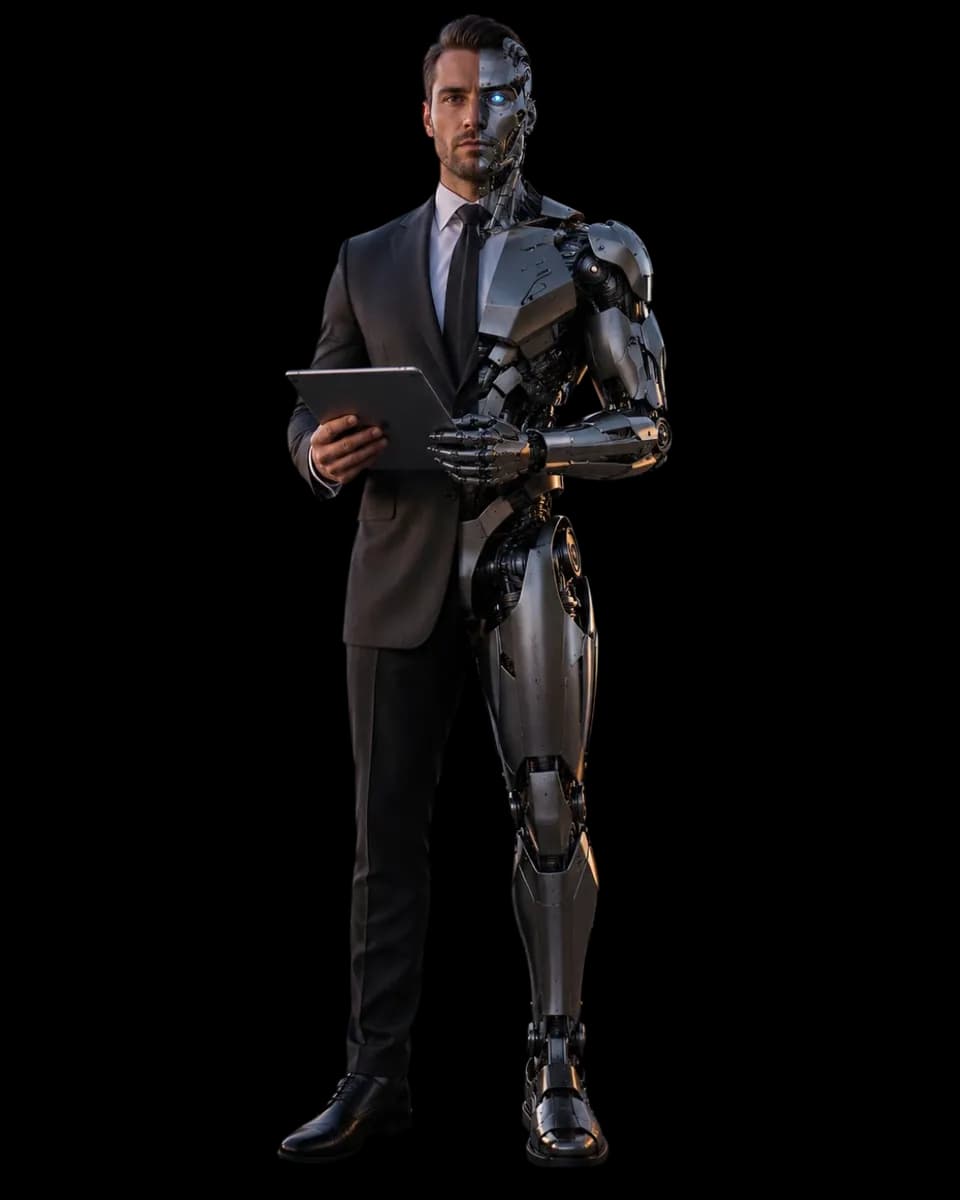 A Private Deal Desk operator augmented by an AI department: half person, half machine, reviewing deals on a tablet
