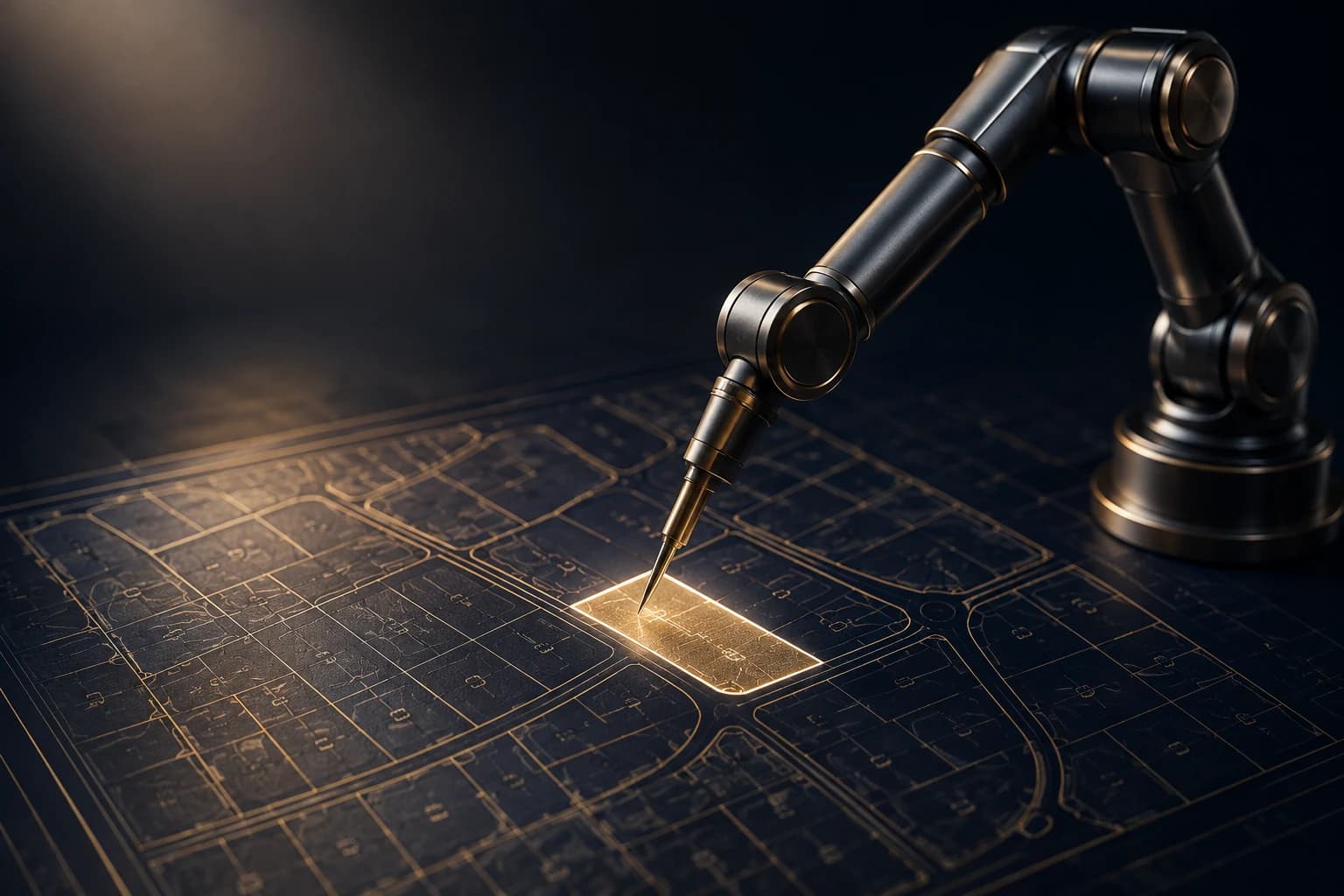 A precision robotic arm tracing and illuminating a single parcel on a midnight cadastral plat, the acquisition engine surfacing the deal that fits.